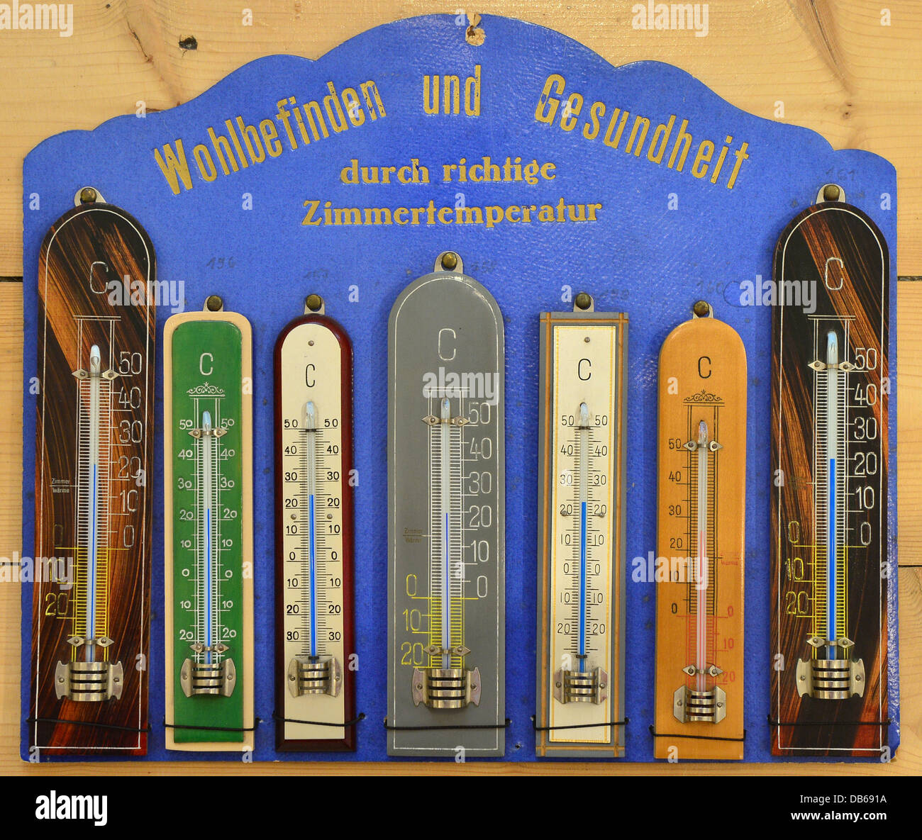 Historical room thermometers are pictured in the German thermometer museum in Geraberg, Germany