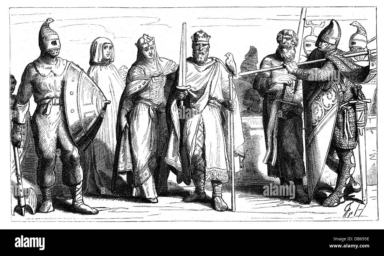 military, Middle Ages, Normans, 10th century, depiction by Friedrich Hottenroth, wood engraving, late 19th century, warrior, warriors, fighter, king, kings, queen, queens, ruler, soldiers, soldier, shield, shields, sword, swords, Norseman, Norse, Normans, Norses, medieval, mediaeval, crown, crowns, axe, historic, historical, Viking, Vikings, Norsemen, Norman, people, Additional-Rights-Clearences-Not Available Stock Photo