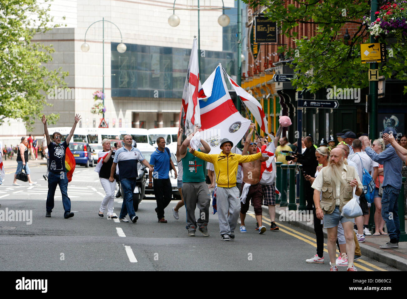 Angry English Defence League protesters in Broad St,  Birmingham, July 2013 Stock Photo