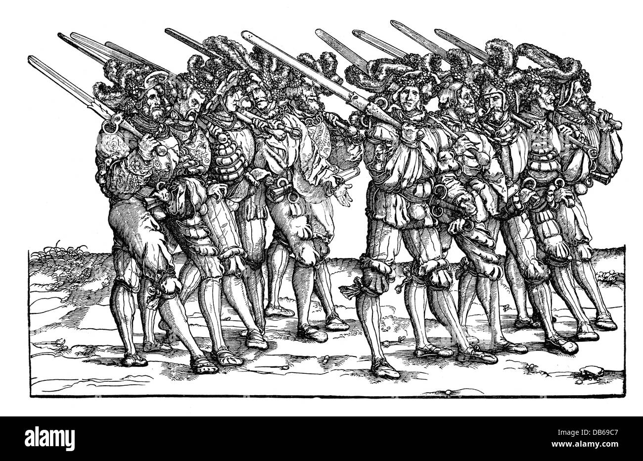 military, Landsknechts with two-handed swords and daggers, woodcut by Hans Burgkmair (1473 - 1531), illustration for the 'Triumph of Maximilian', 1516 - 1519, Additional-Rights-Clearences-Not Available Stock Photo