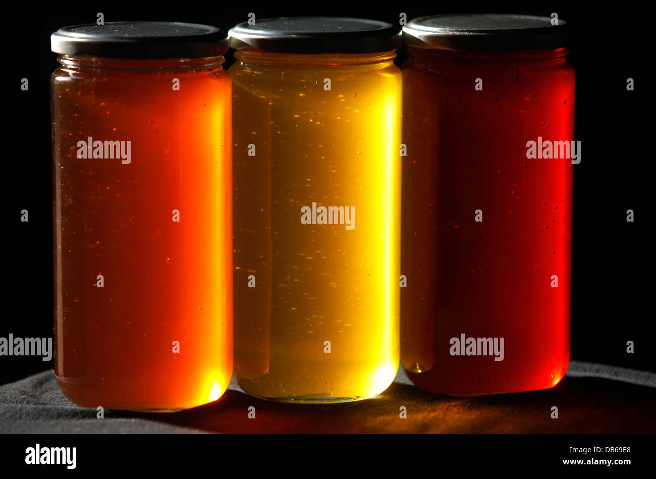 Three honey pots are displayed in Puremiel, a honey company that