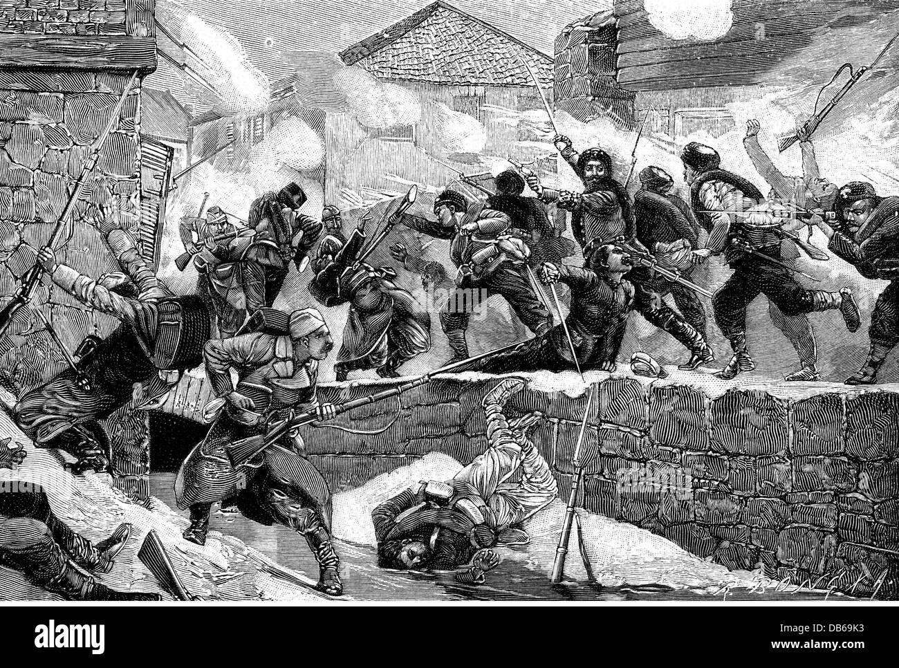 events, Serbo-Bulgarian War 1885 - 1866, Battle of Pirot, 27.11.1885, wood engraving, 1896, Serbo-Bulgarian War, Kingdom of Serbia, Principality of Bulgaria, soldiers, combat, the Balkans, 19th century, historic, historical, people, Additional-Rights-Clearences-Not Available Stock Photo