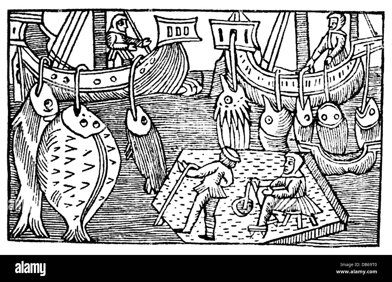 fishing, fishing at Iceland, woodcut, 'History of the Northern People' ('Historia de Gentibus Septentrionalibus') by Olaus Magnus, Rome, 1555, Additional-Rights-Clearences-Not Available Stock Photo