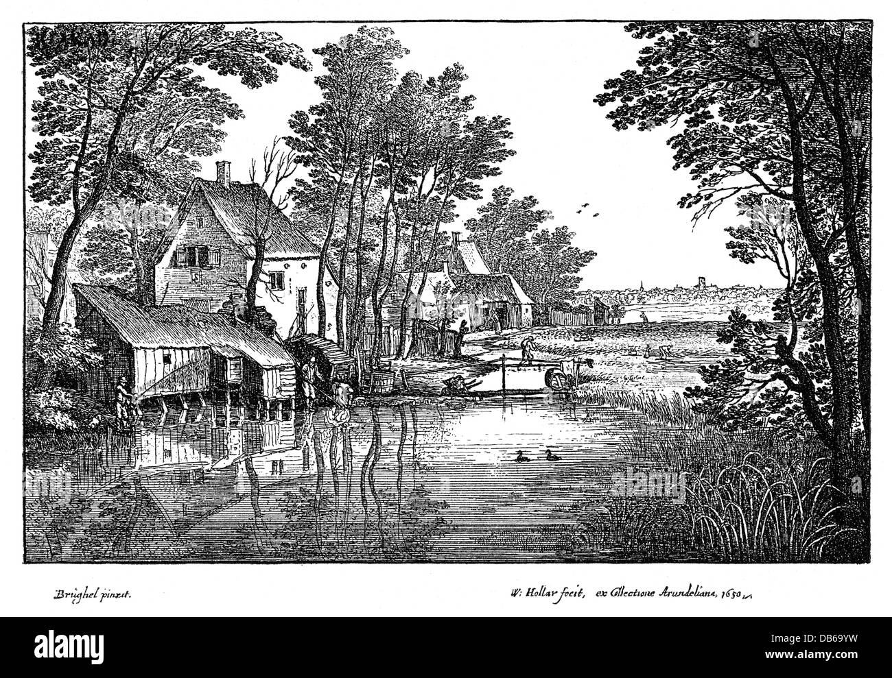 fishing, angling, 'The Anglers', etching by Wenzel Hollar, 1650, after painting by Brueghel, Additional-Rights-Clearences-Not Available Stock Photo