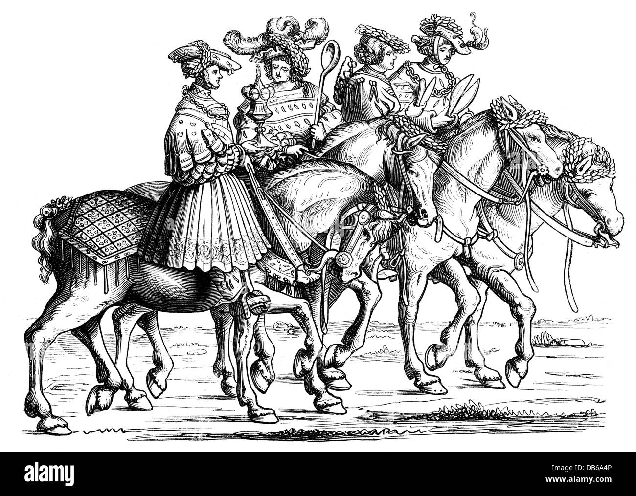 military, Middle Ages, officers from the court of the Holy Roman Emperor Maximilian II: cup-bearer, cook, barber and tailor, wood engraving after woodcut 'Triumph of Emperor Maximilian I', by Hans Burgkmair the Elder, 1512 - 1519, Additional-Rights-Clearences-Not Available Stock Photo