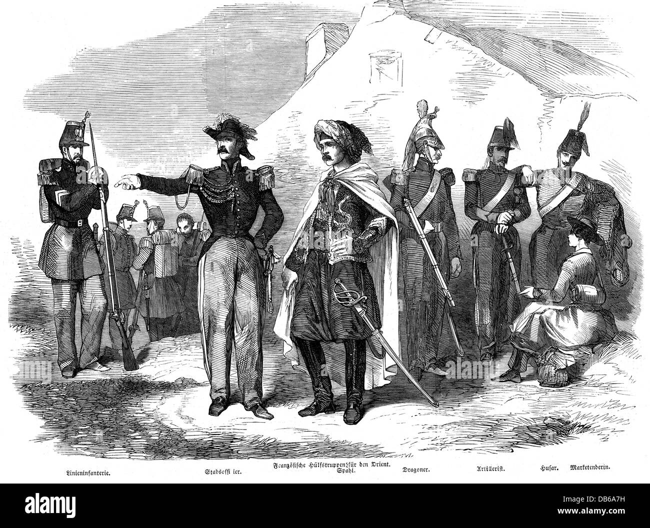 military, France, soldiers, French auxiliary forces for the Orient, wood engraving, 19th century, Oriental Crisis, line infantry, infantryman, infantrymen, staff officer, field officer, field-grade officer, staff officers, field officers, field-grade officers, officers, officer, spa, Spahis, Sipahi, Sipahis, dragoon, artilleryman, artillerymen, hussar, hussars, sutler, victualer, sutlers, victualers, uniform, uniforms, arm, weapon, weapons, arms, rifle, gun, rifles, guns, sabre, sabres, helmets, helmet, army, armies, historic, historical, people, Additional-Rights-Clearences-Not Available Stock Photo