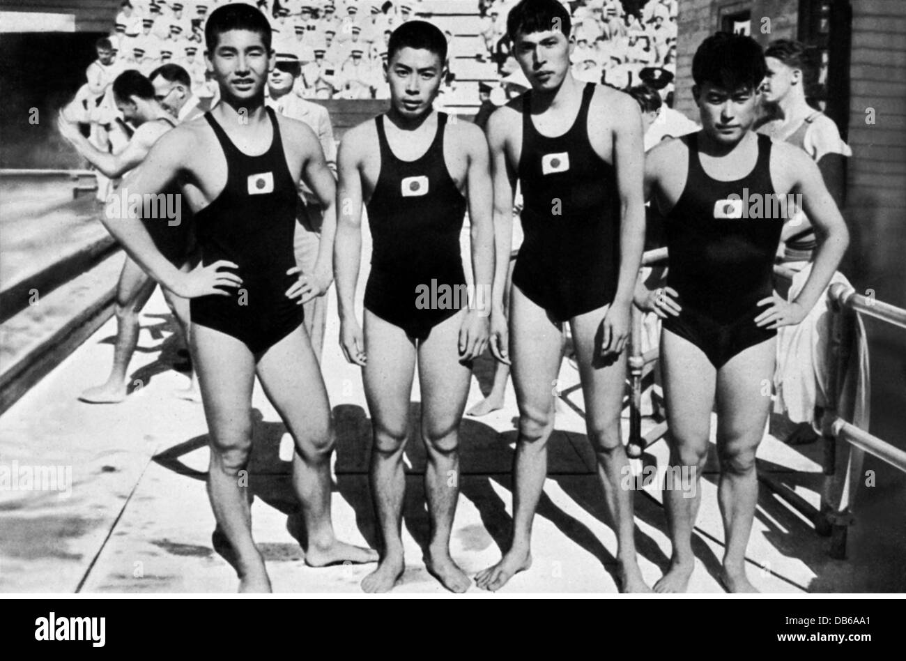 sports, swimming, Japanese swimmers, from left: Miyazaki Yasuji, Yusa Masanori, Toyoda Hisakichi and Yokoyama Takashi, 1936, Additional-Rights-Clearences-Not Available Stock Photo