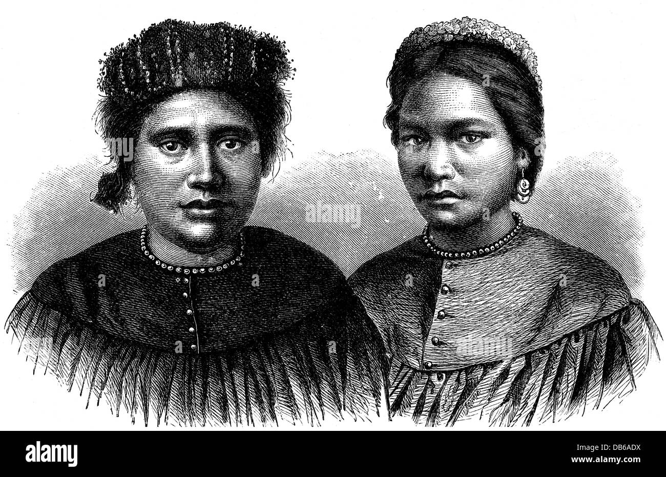 geography / travel, USA, people, women from Hawaii, portraits, wood engraving, 2nd half 19th century, sandwich islands, Polynesian, Polynesians, polynesia, Pacific, Pacific Ocean, Oceania, isle, islands, historic, historical, Additional-Rights-Clearences-Not Available Stock Photo