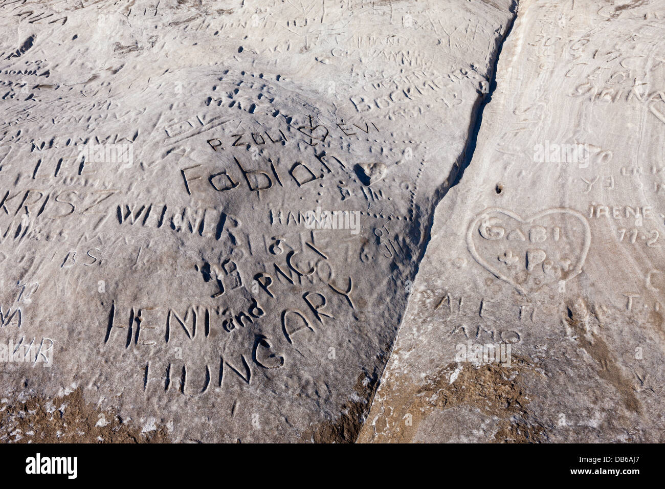 Cutted Names in Petrified Dunes near Costa del Silencio, Tenerife, Canary Islands, Spain Stock Photo