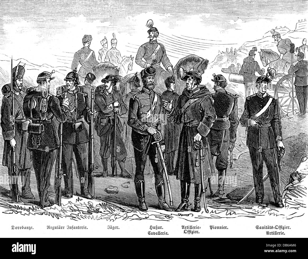 military,Romania,19th centurry,Romanian soldiers from the time of the Great Eastern Crisis,1875 - 1878,contemporary wood engraving,Rumania,Rumanian,19th century,soldier,soldiers,troops,army,armies,war,oriental crisis,war in the Orient 1876/1877,infantry,infantryman,infantrymen,rifleman,riflemen,hussar,hussars,cavalry,cavalries,artillery officer,artillery,engineer,Sapper,the engineers,medical officers,senior medical officer,artilleryman,artillerymen,medical service,first aid,officers,officer,uniform,uniforms,weapons,arms,Additional-Rights-Clearences-Not Available Stock Photo