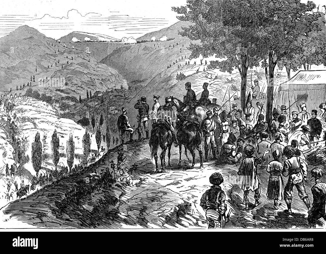 events, First Serbo-Turkish War 1876, Battle of Veliki Izvor, 18.7.1876, general Chernayev with his staff, right: captured Circassians, contemporary wood engraving, prisoners of war, POW, POWs, Serbs, Bulgarians, Kingdom of Serbia, Balkans, Balkan Crisis, Oriental Crisis, Ottoman Empire, Serbo - Turkish War, 19th century, historic, historical, people, Additional-Rights-Clearences-Not Available Stock Photo