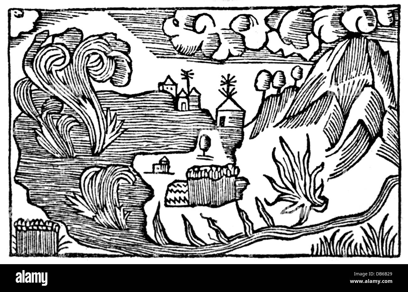 geography / travel, Iceland, geysers, 'burning water', woodcut, 'History of the Northern People' ('Historia de Gentibus Septentrionalibus') by Olaus Magnus, Rome, 1555, Additional-Rights-Clearences-Not Available Stock Photo