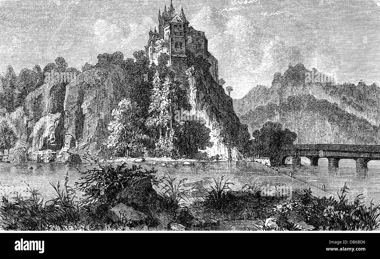 geography / travel, Germany, castles, Kriebstein, reconstruction 1866 - 1868, architect: Karl Moritz Haenel, exterior view, wood engraving, 1893, river Zschopau, architecture, neo-Gothic style, Gothic Revival, castle, mount, mountain, family von Arnim, kingdom Saxony, German Empire, Imperial Era, Central Europe, 19th century, historic, historical, Additional-Rights-Clearences-Not Available Stock Photo