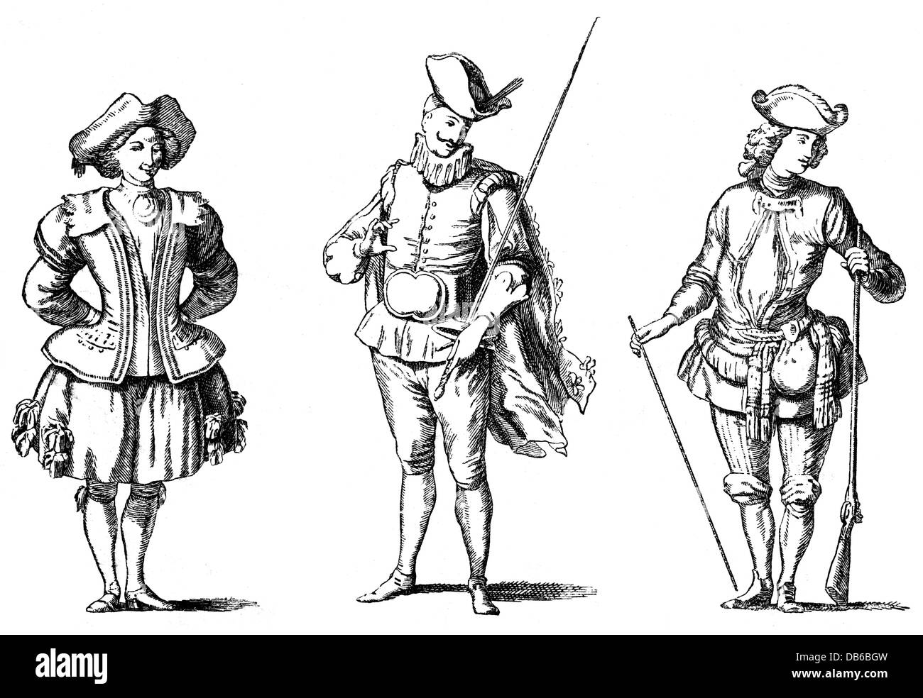 theatre / theater, figures/costumes, theatrical costumes, France, 18th century, from left to right: gardener, captain, hunter, wood engraving after copper engraving from 'Nouveaux dessins d'habillements a l'usage des ballets operas et comedies', by Claude Gillot, 1725, Artist's Copyright has not to be cleared Stock Photo