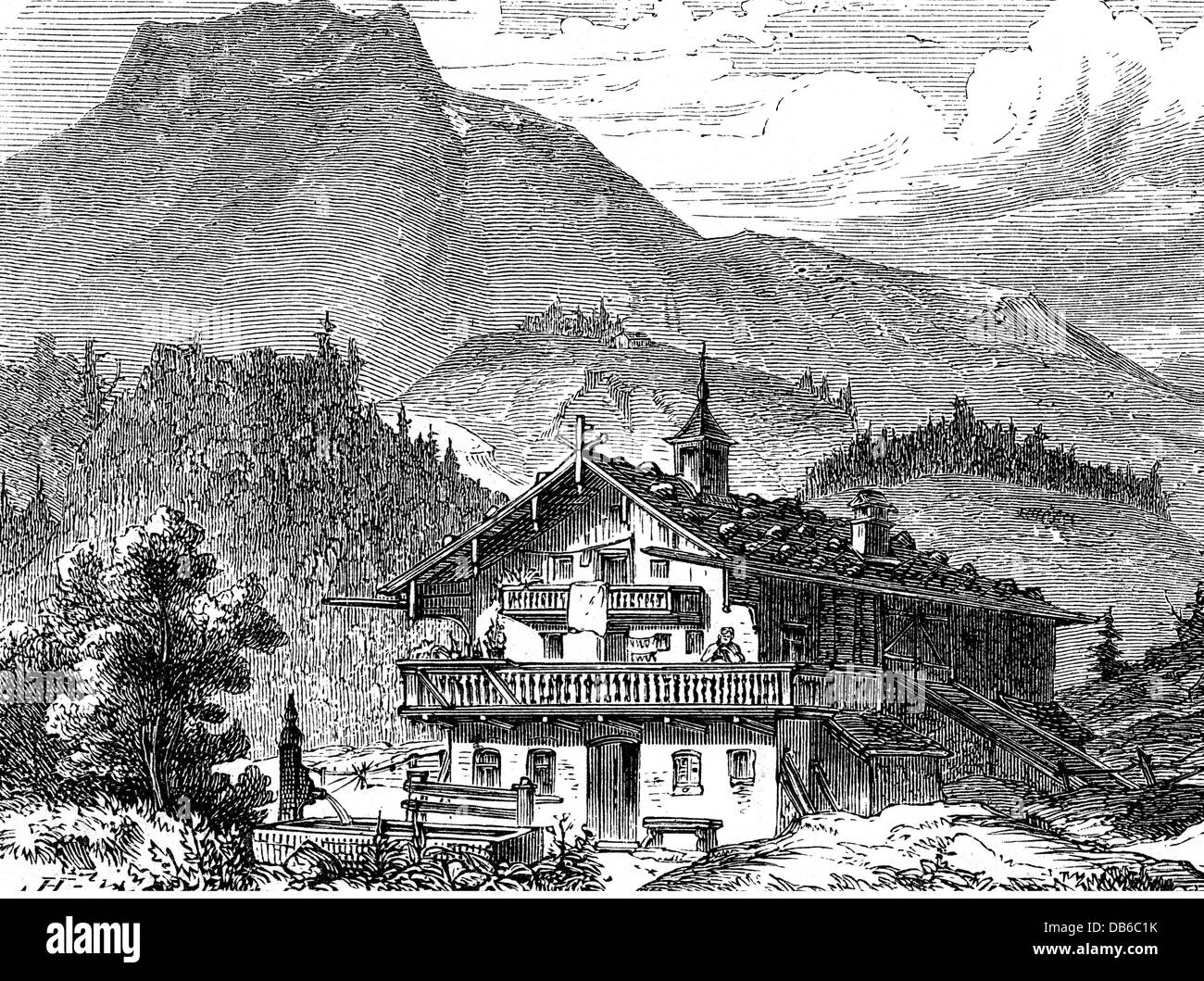 geography / travel, Germany, mountains, Mangfall Mountains, Bruennstein, before it the Watschoeder Hof, wood engraving, late 19th century, mountain, mount, Bavarian pre-Alps, building, farm, idyll, kingdom of Bavaria, German Empire, Imperial Era, Europe, Central Europe, historic, historical, Brunnstein, Watschoder, Brünnstein, Watschöder, Additional-Rights-Clearences-Not Available Stock Photo