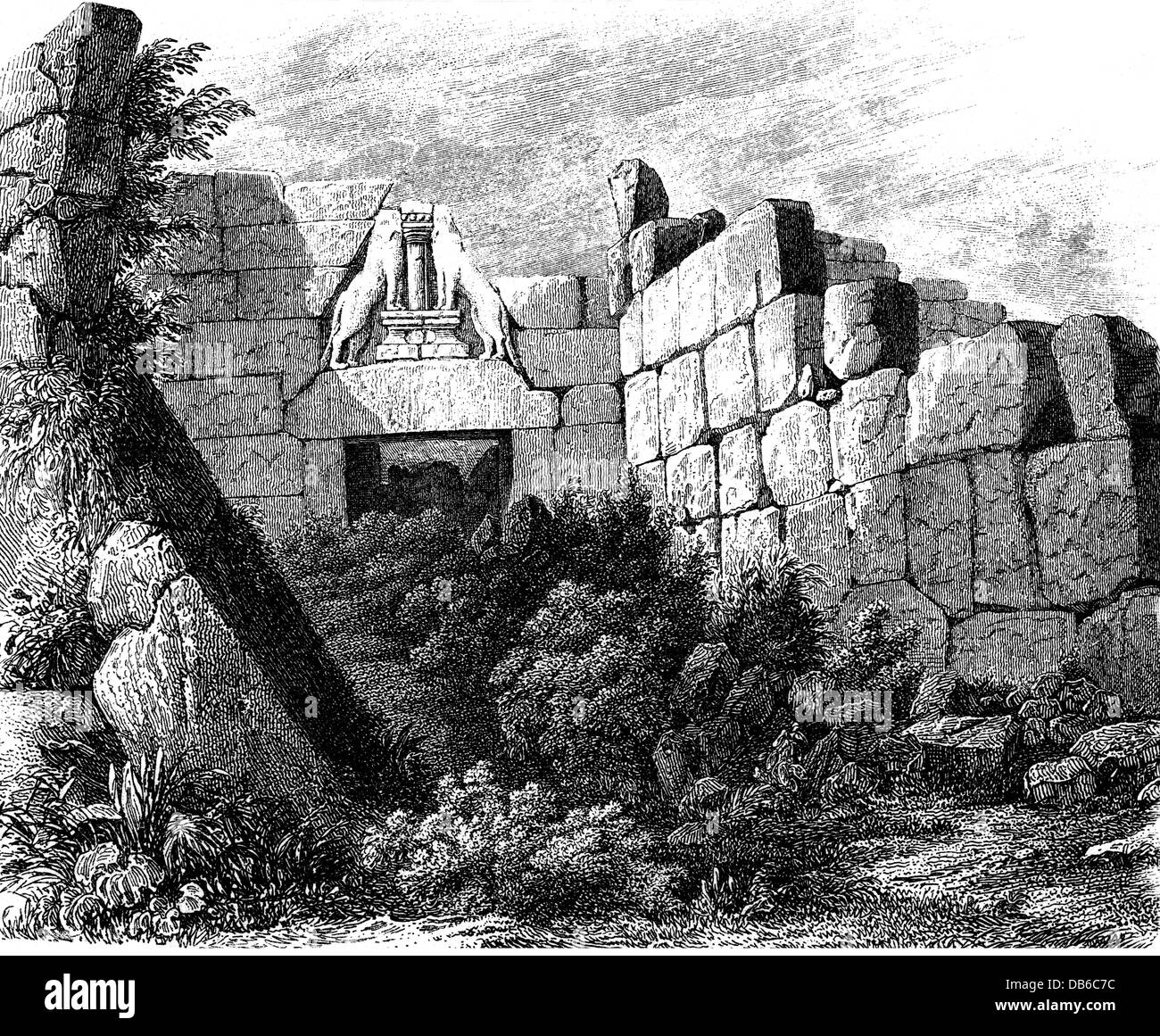 geography / travel, Greece, Mycenae, lion gate, view, wood engraving after drawing by Blouet, 1893, Additional-Rights-Clearences-Not Available Stock Photo