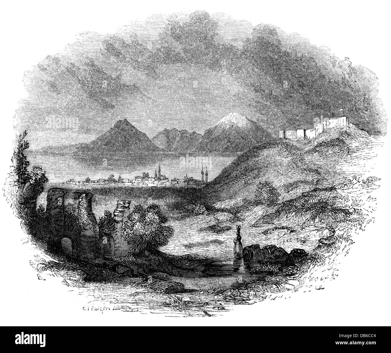 geography / travel, Greece, landscapes, coast on the gulf of Patras, wood engraving after drawing by G. F. Sargent, 1839, Additional-Rights-Clearences-Not Available Stock Photo