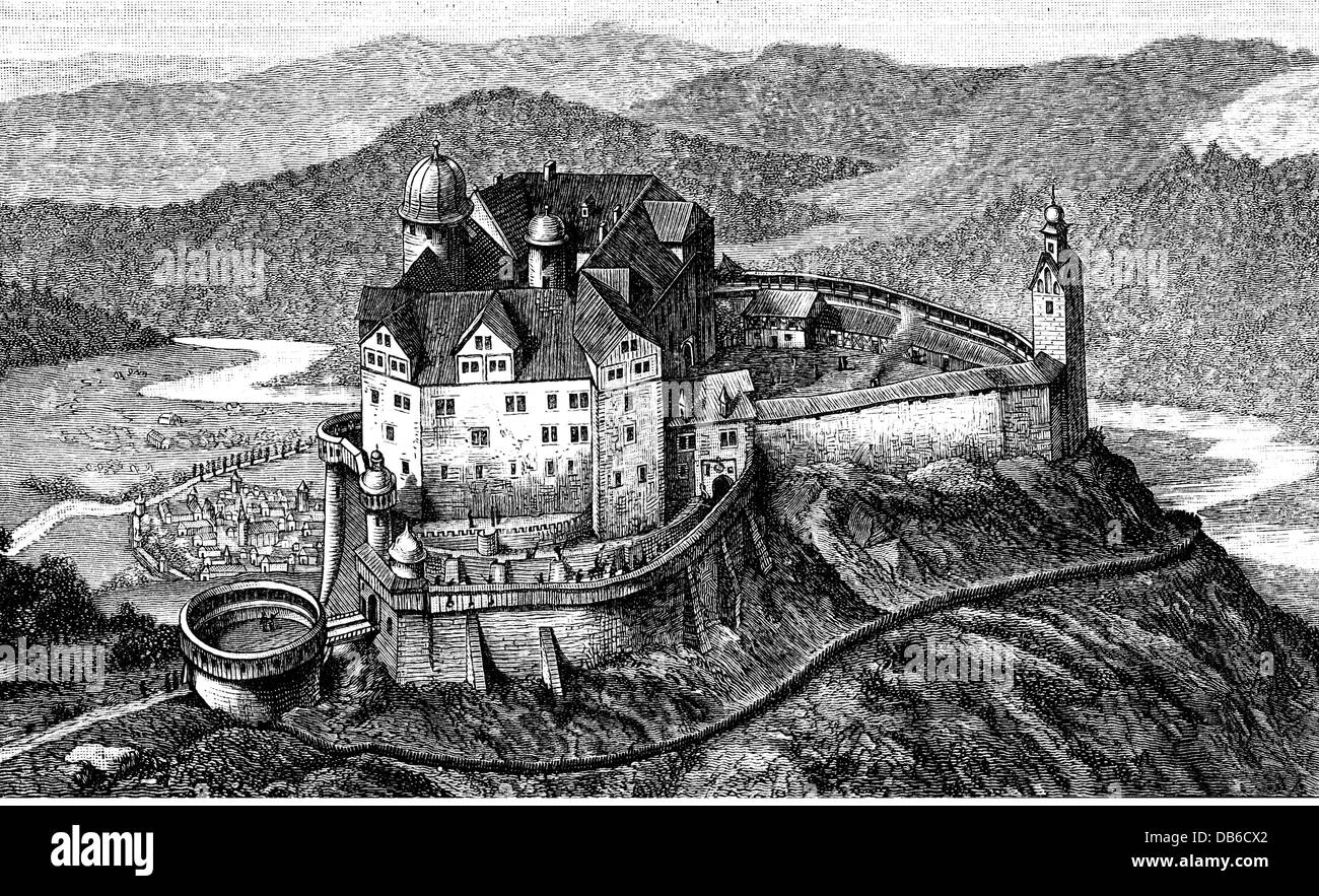 geography / travel, Germany, Lunzenau, castles, Rochsburg Castle, exterior view, wood engraving, 2nd half 19th century, family of the counts of Schoenburg, castle, mount, mountain, kingdom of Saxony, German Empire, Imperial Era, Europe, Central Europe, historic, historical, Schonburg, Schönburg, Additional-Rights-Clearences-Not Available Stock Photo
