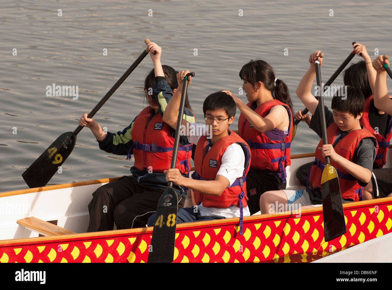 Young paddlers training for Dragon boat racing, Vancouver British Columbia. Stock Photo