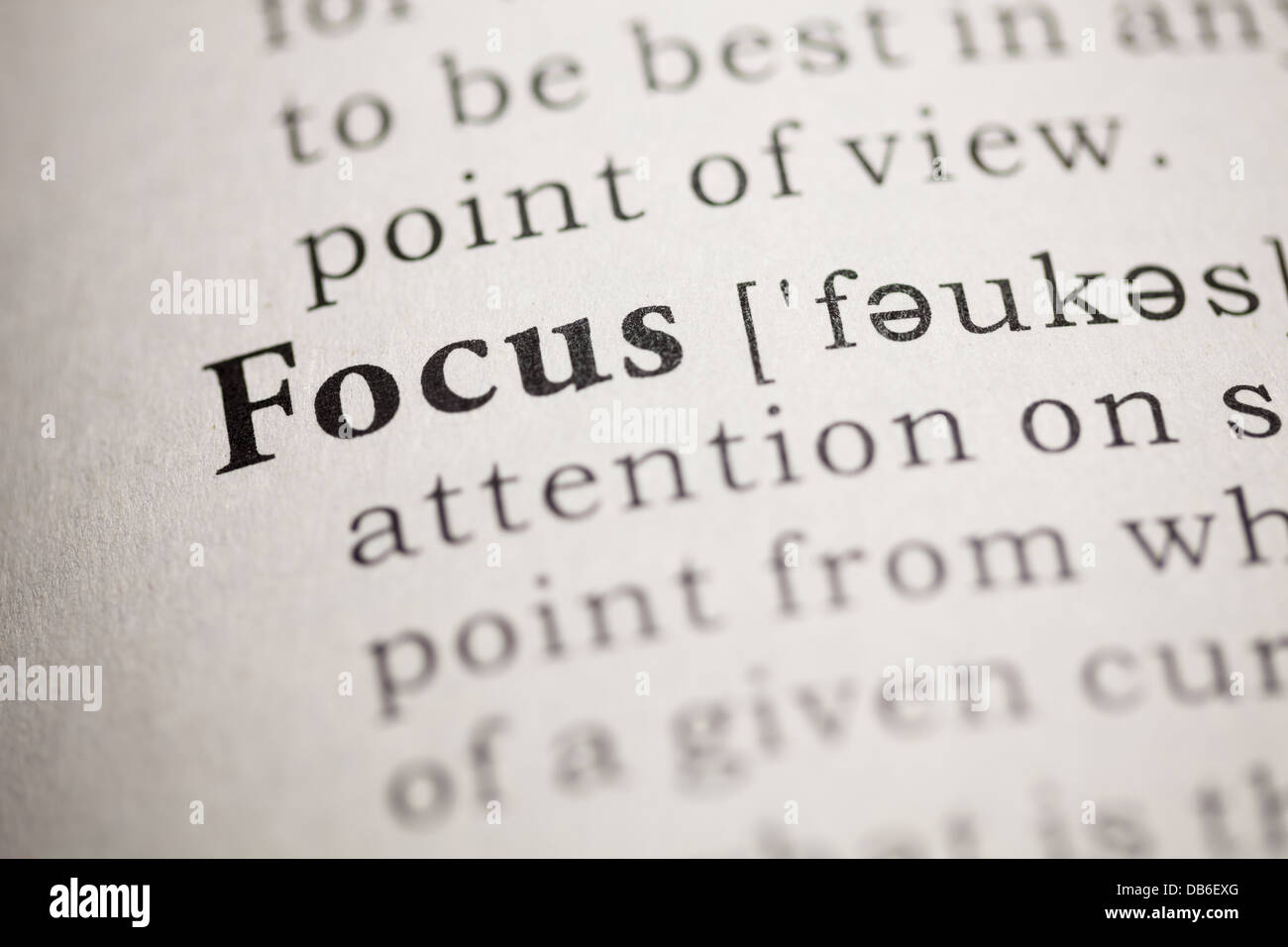 Fake Dictionary, Dictionary definition of the word Focus Stock Photo