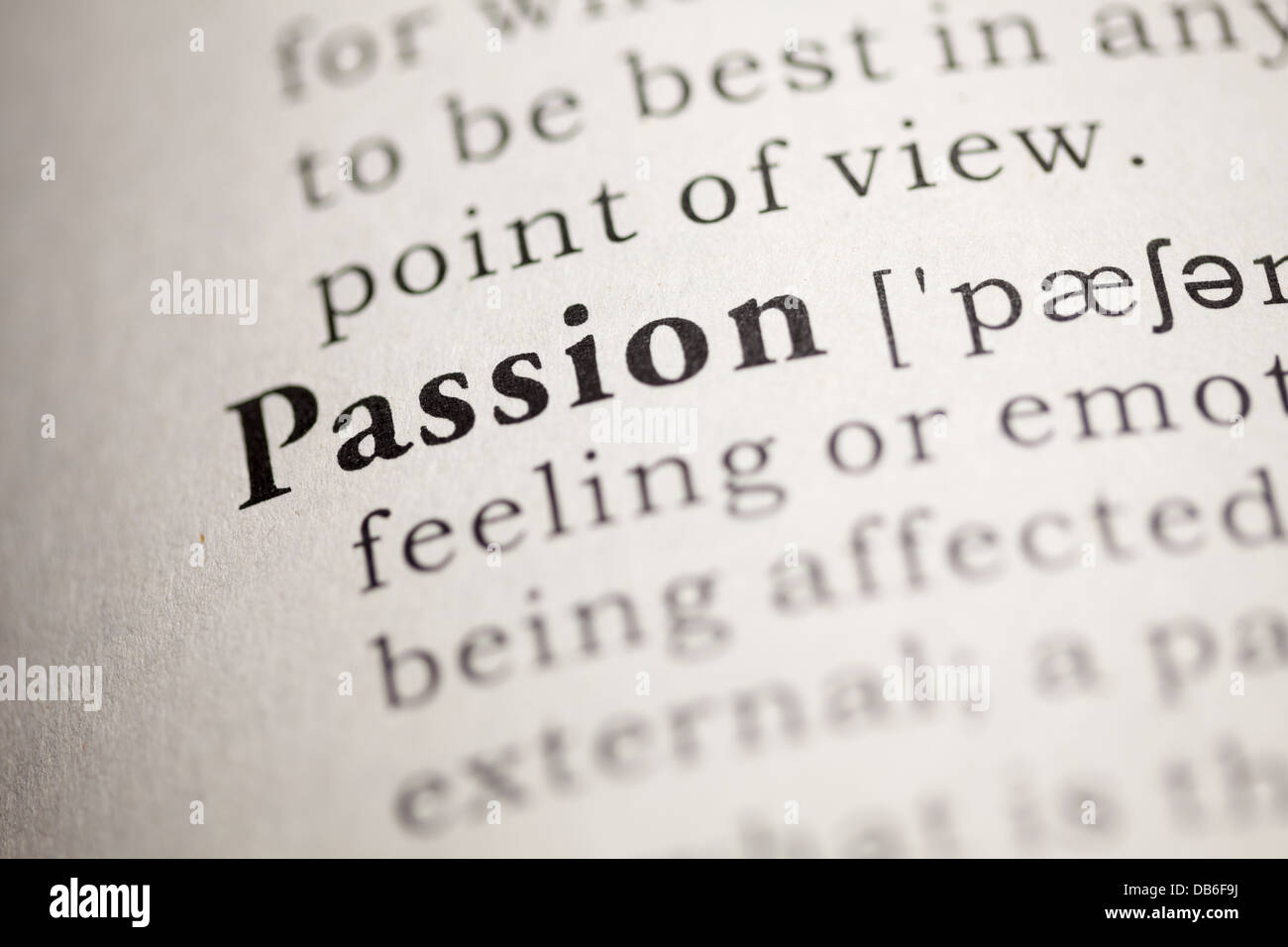 Fake Dictionary, Dictionary definition of the word Passion. Stock Photo