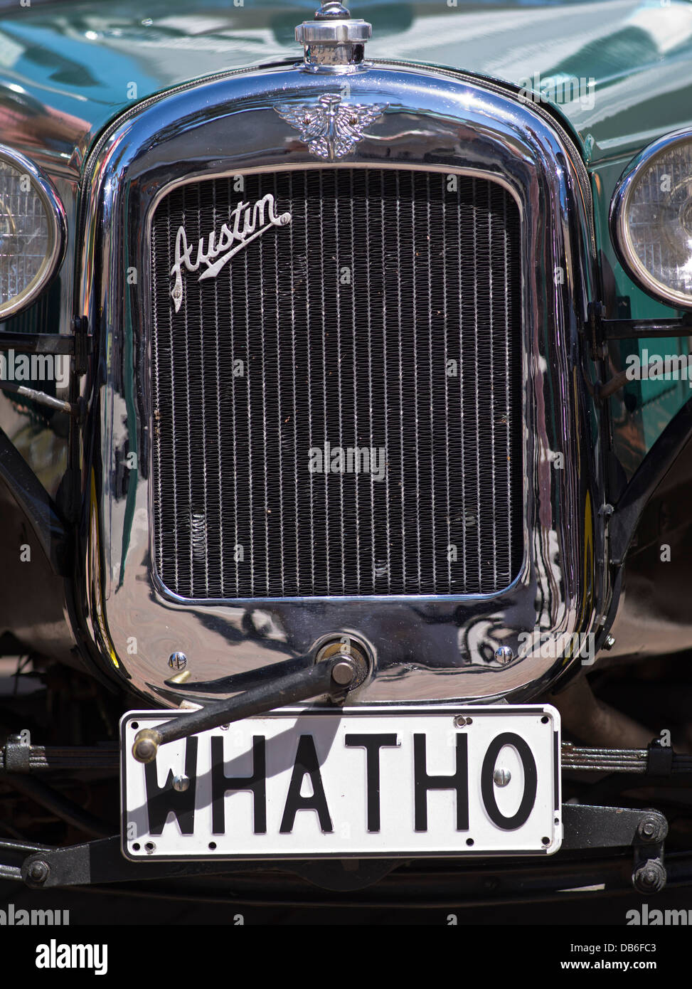 dh Austin Seven radiator NAPIER NEW ZEALAND Vintage front classic cars WHATHO registration close up license plate motor car Stock Photo