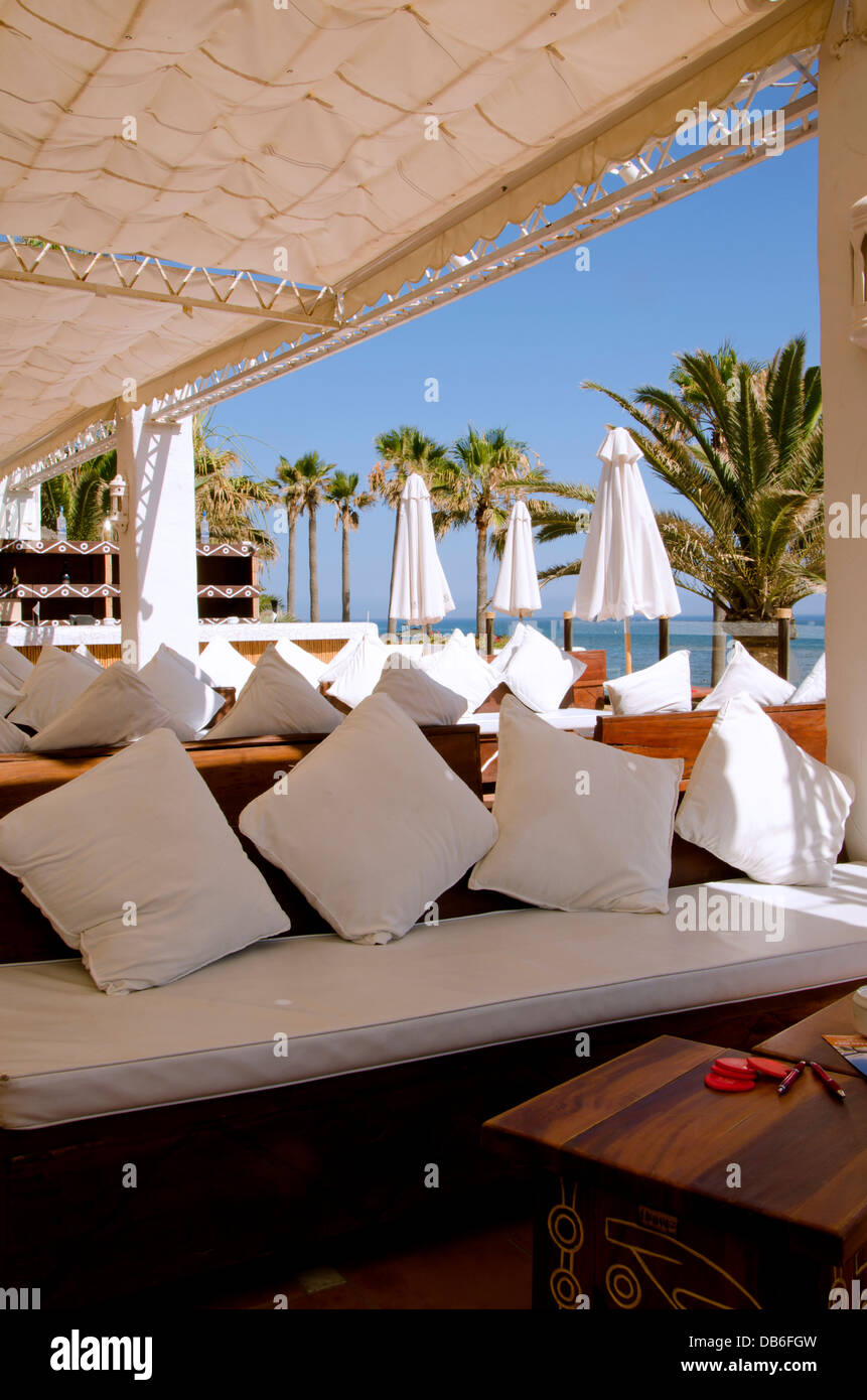 Terrace floor of luxury beach club Nikki beach in Marbella. Costa del