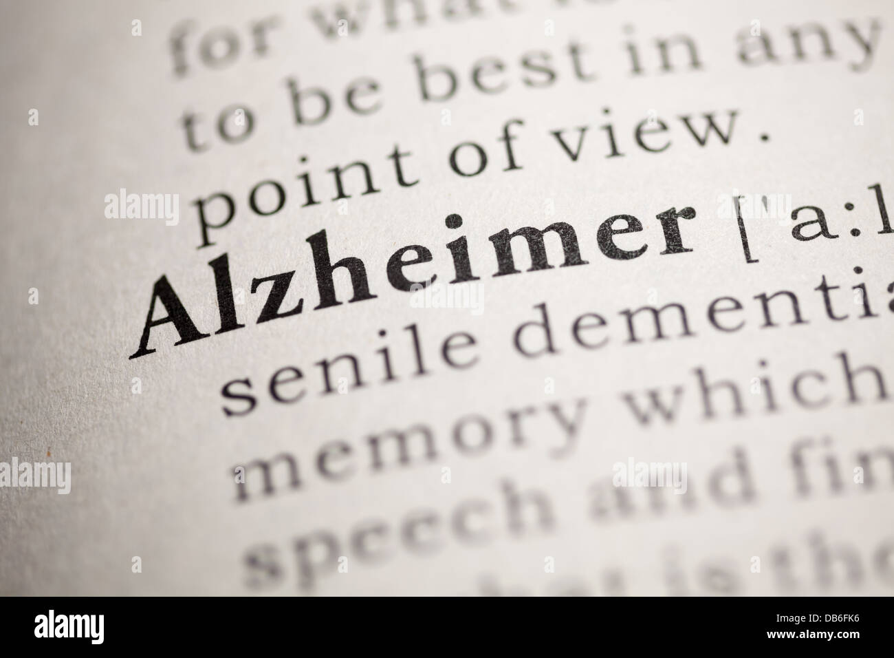 Fake Dictionary, Dictionary definition of the word Alzheimer. Stock Photo