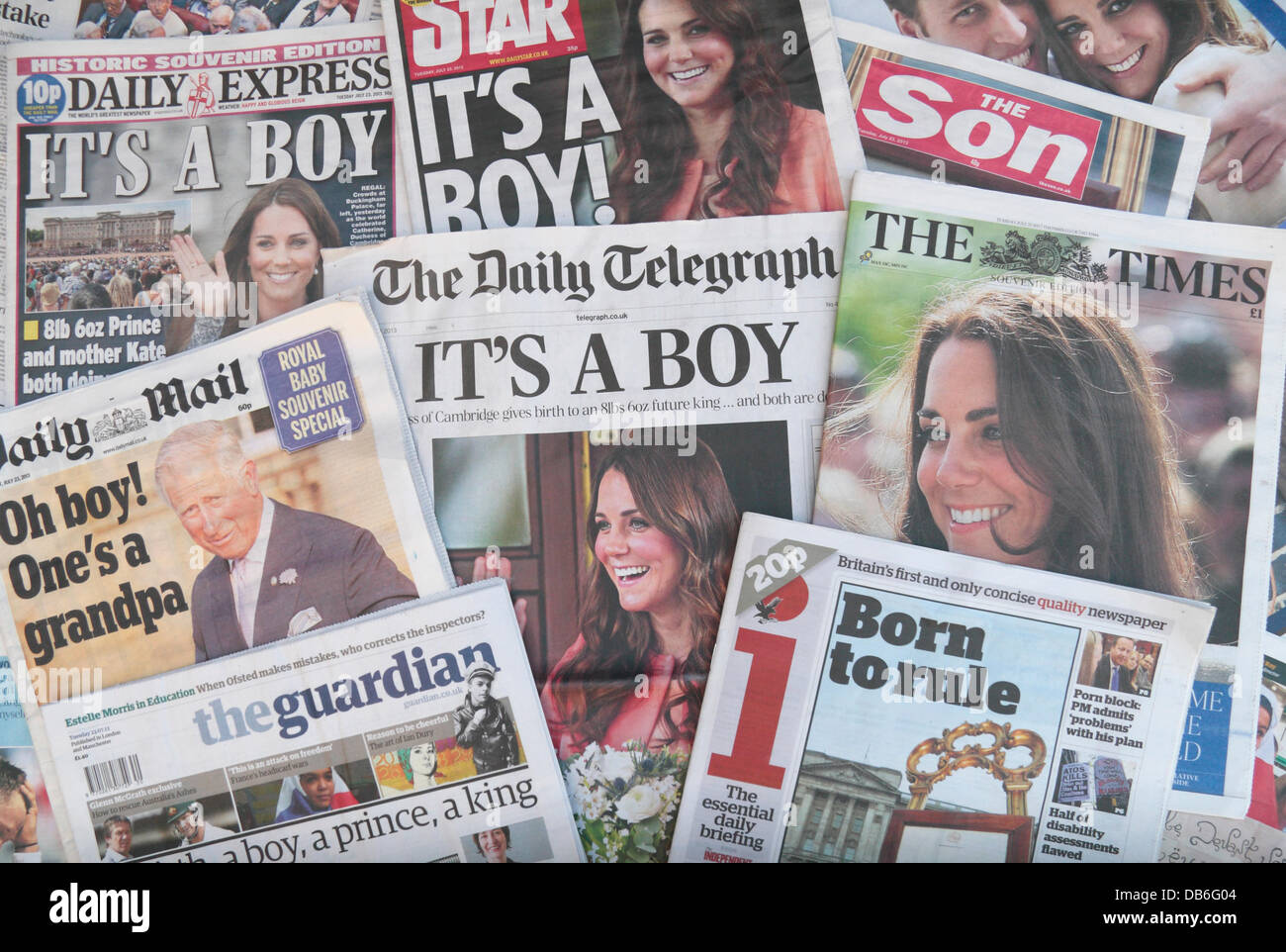ROYAL BABY UK Daily Newspaper reaction on Tuesday 23rd July 2013 to the news that the Duchess of Cambridge, wife of the Duke of Cambridge, had given birth to a boy on Monday 22nd July 2013. Credit:  Maurice Savage/Alamy Live News Stock Photo