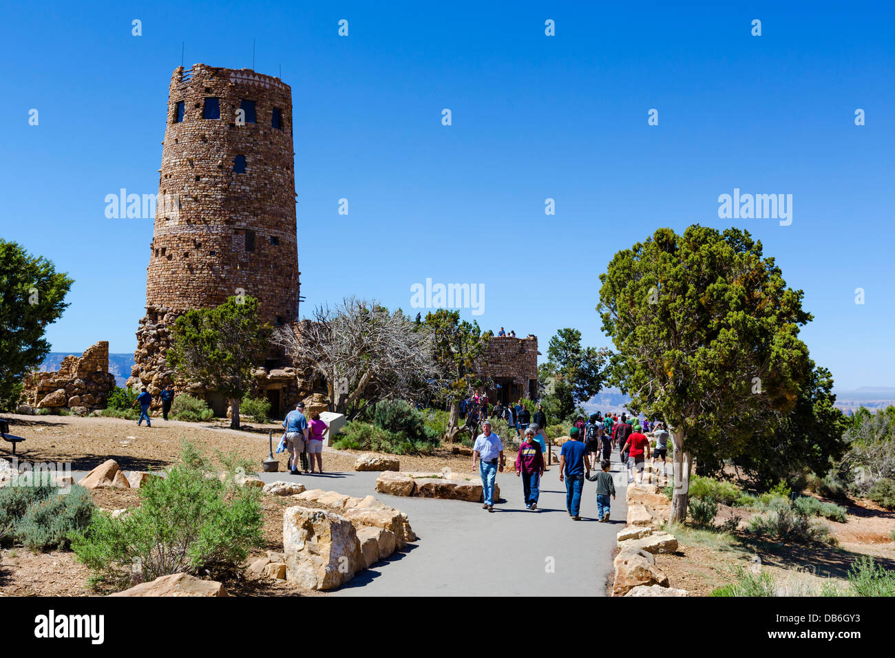 Tourists at Desert View Watchtower, South Rim, Grand Canyon National Park, Arizona, USA Stock Photo