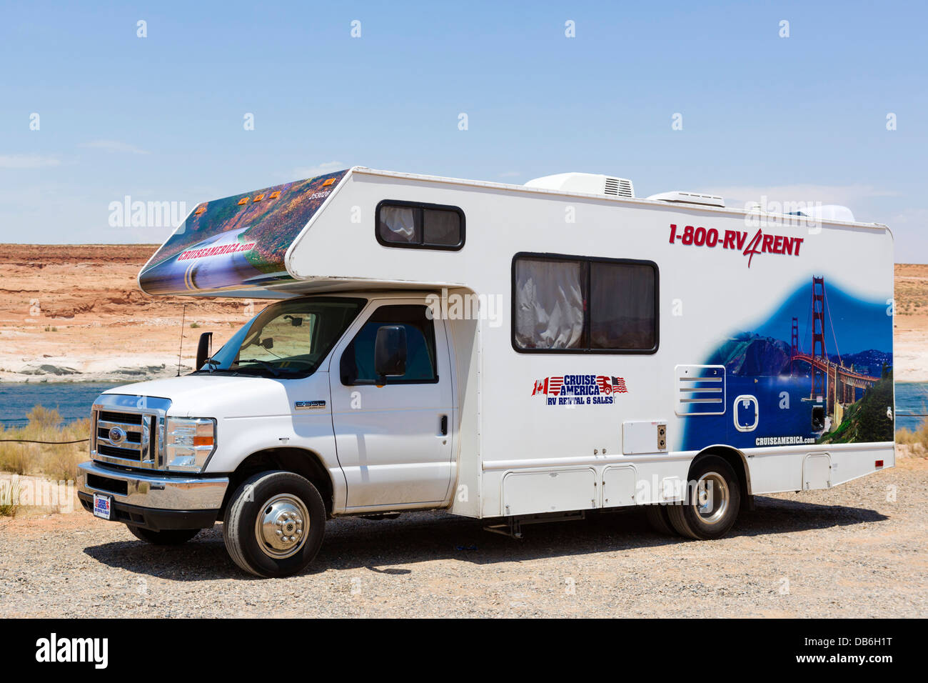 Cruiseamerica RV rental van by Lake Powell, Antelope Point Marina, Glen Canyon National Recreation Area, Page, Arizona, USA Stock Photo