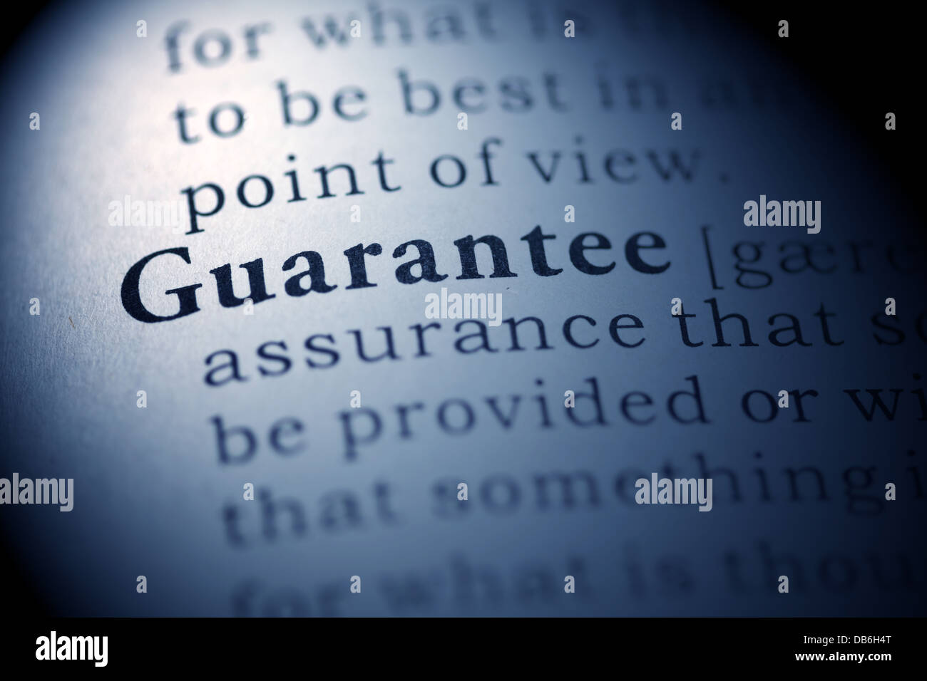 Fake Dictionary, Dictionary definition of the word Guarantee. Stock Photo