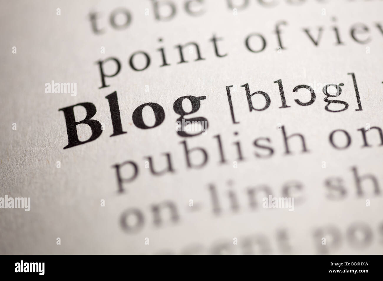 Fake Dictionary, Dictionary definition of the word Blog. Stock Photo