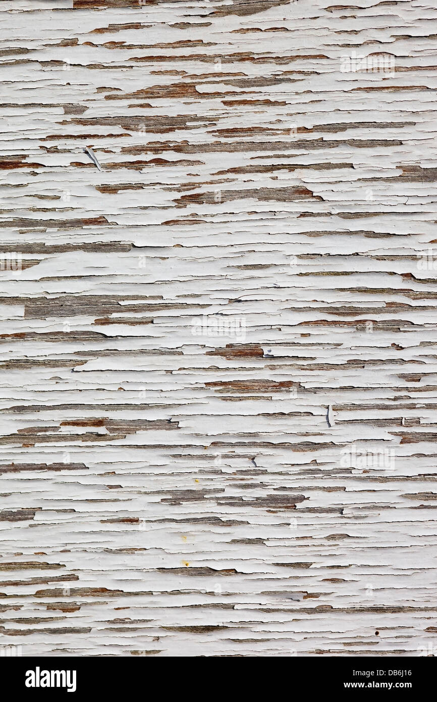Background pattern and texture of peeling white paint on a wooden surface Stock Photo