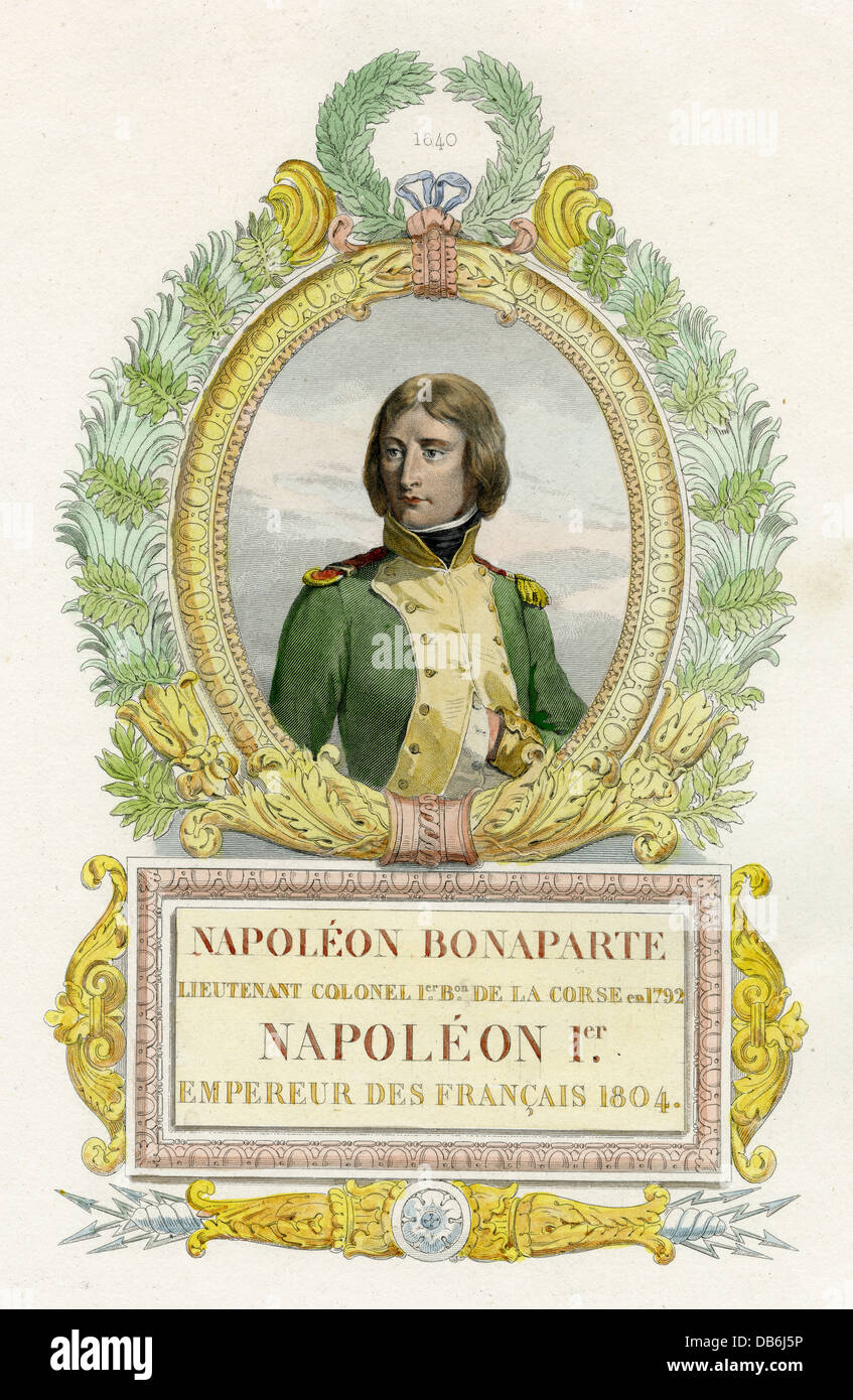 Circa 1870s hand-tinted steel engraving, Napoleon Bonaparte. Stock Photo