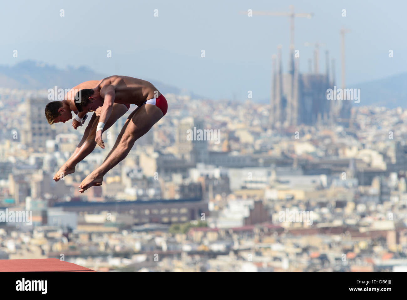 Barcelona, Spain. 21st July 2013: USA's Toby Stanley and David Bonuchi dive during the ten-meter synchro platform competition at the 15th FINA World Championships in Barcelona Stock Photo