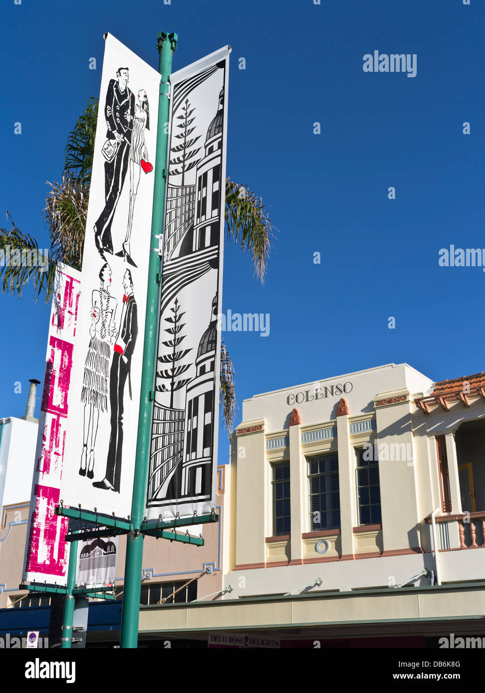 dh  NAPIER NEW ZEALAND Art Deco banner Colenso House building Spanish Mission style Stock Photo
