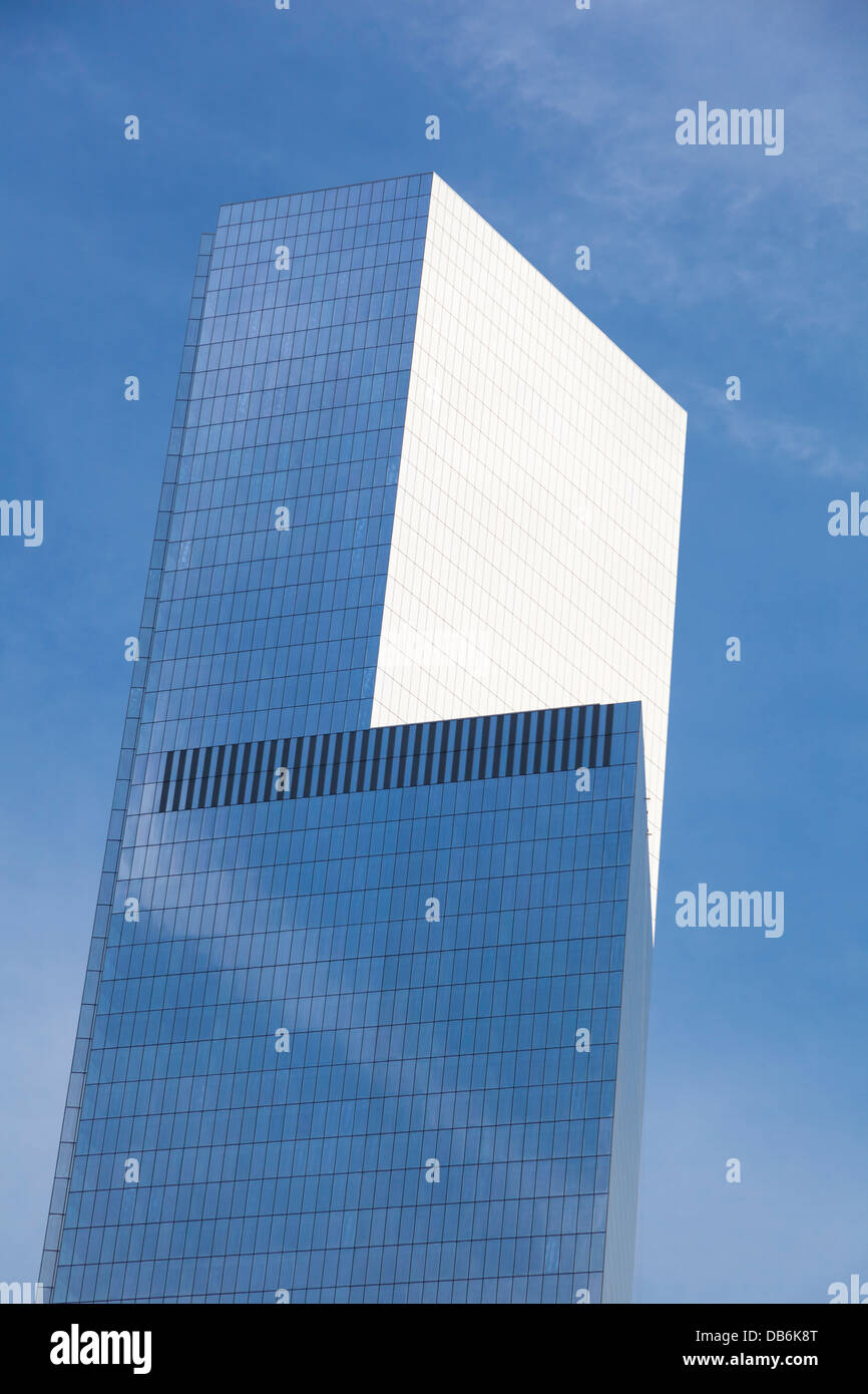 Isolated image of the finished Four World Trade Center skyscraper with blue sky. Stock Photo