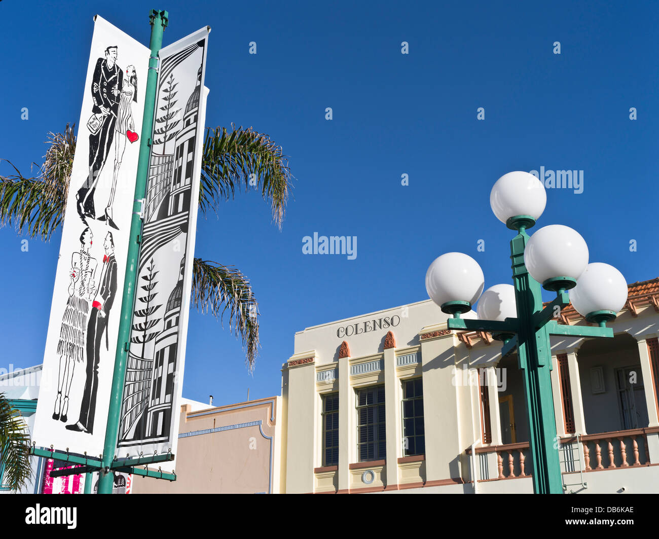 dh  NAPIER NEW ZEALAND Art Deco banner Colenso House building Spanish Mission style festival Stock Photo