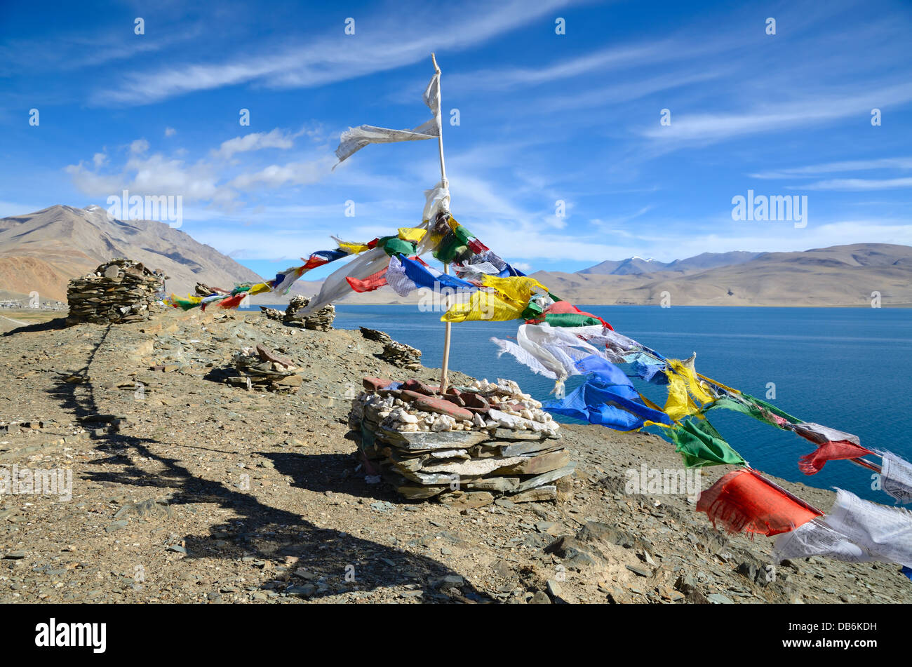 Tibetan prayer flags at lake Tso Moriri in Ladakh, India Stock Photo