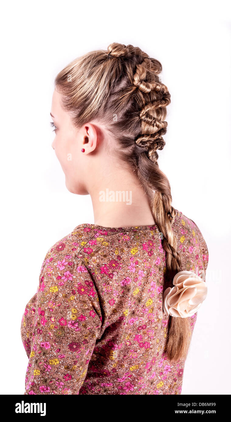beauty wedding hairstyle rear view isolated on white with red big flower  Stock Photo - Alamy
