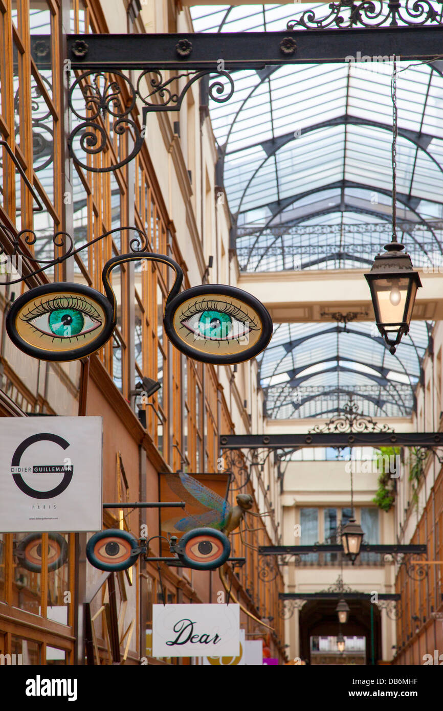 Trendy eyeglass designer shop in Passage du Grand Cerf - one of the many covered passages, Paris France Stock Photo