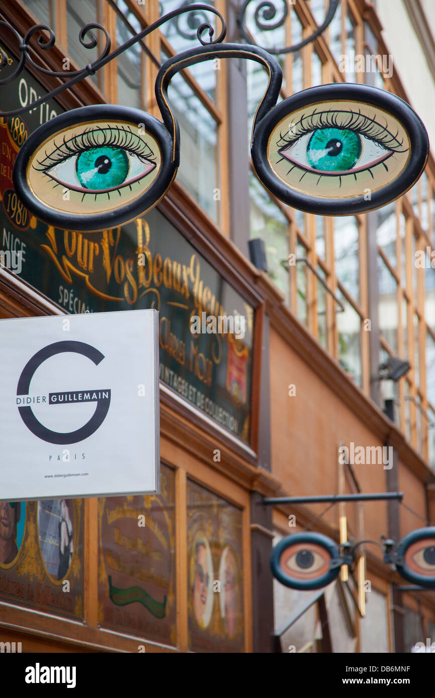 Trendy eyeglass designer shop in Passage du Grand Cerf - one of the many covered passages, Paris France Stock Photo