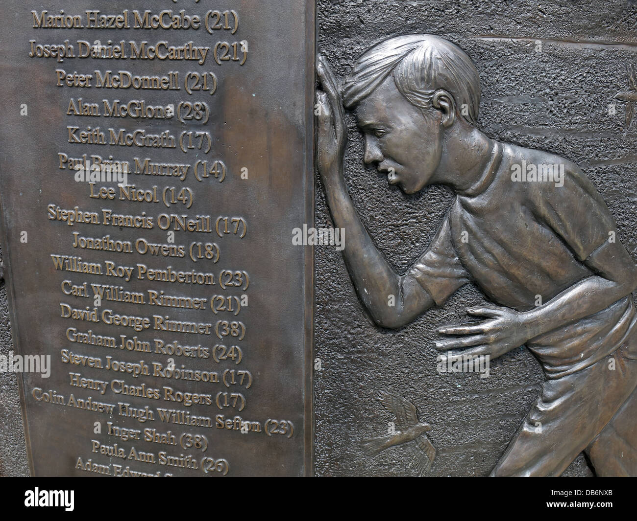 Detail from the 7 foot high circular hillsborough bronze memorial in the Old Haymarket district of Liverpool Stock Photo