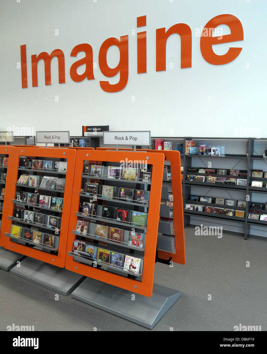 Imagine in letters on wall of music section, John Lennon Song - Liverpool Central Library, books unlock the imagination, Merseyside, England, UK Stock Photo