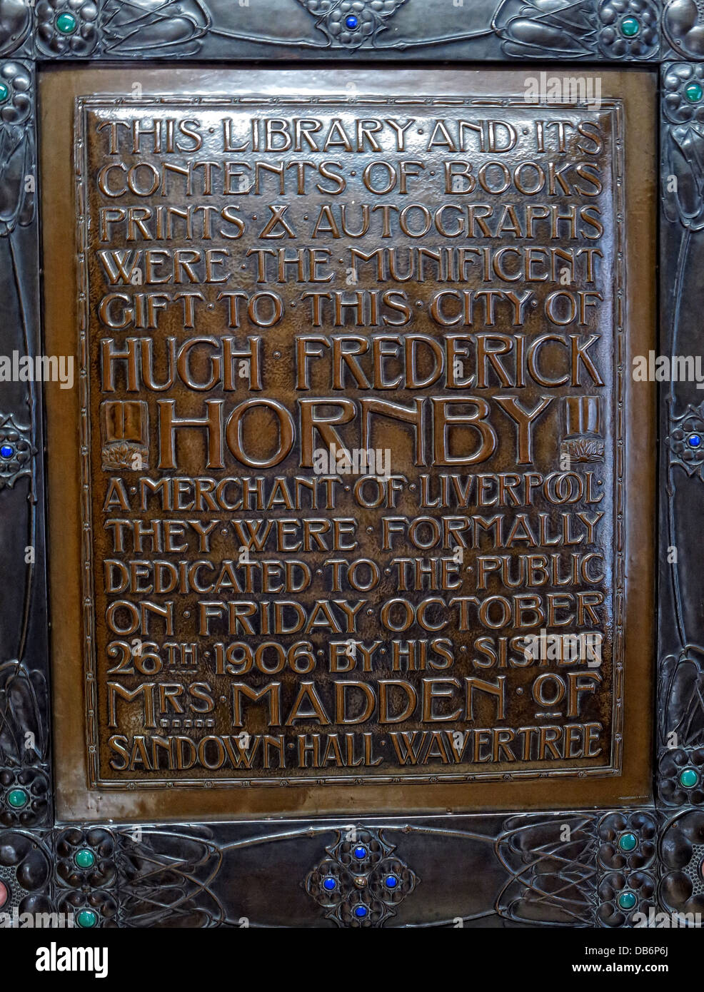 Liverpool Central Library - plaque commemorating gift of books, prints, autographs,from Hugh Frederick Hornby, a merchant of the city 1906 Stock Photo