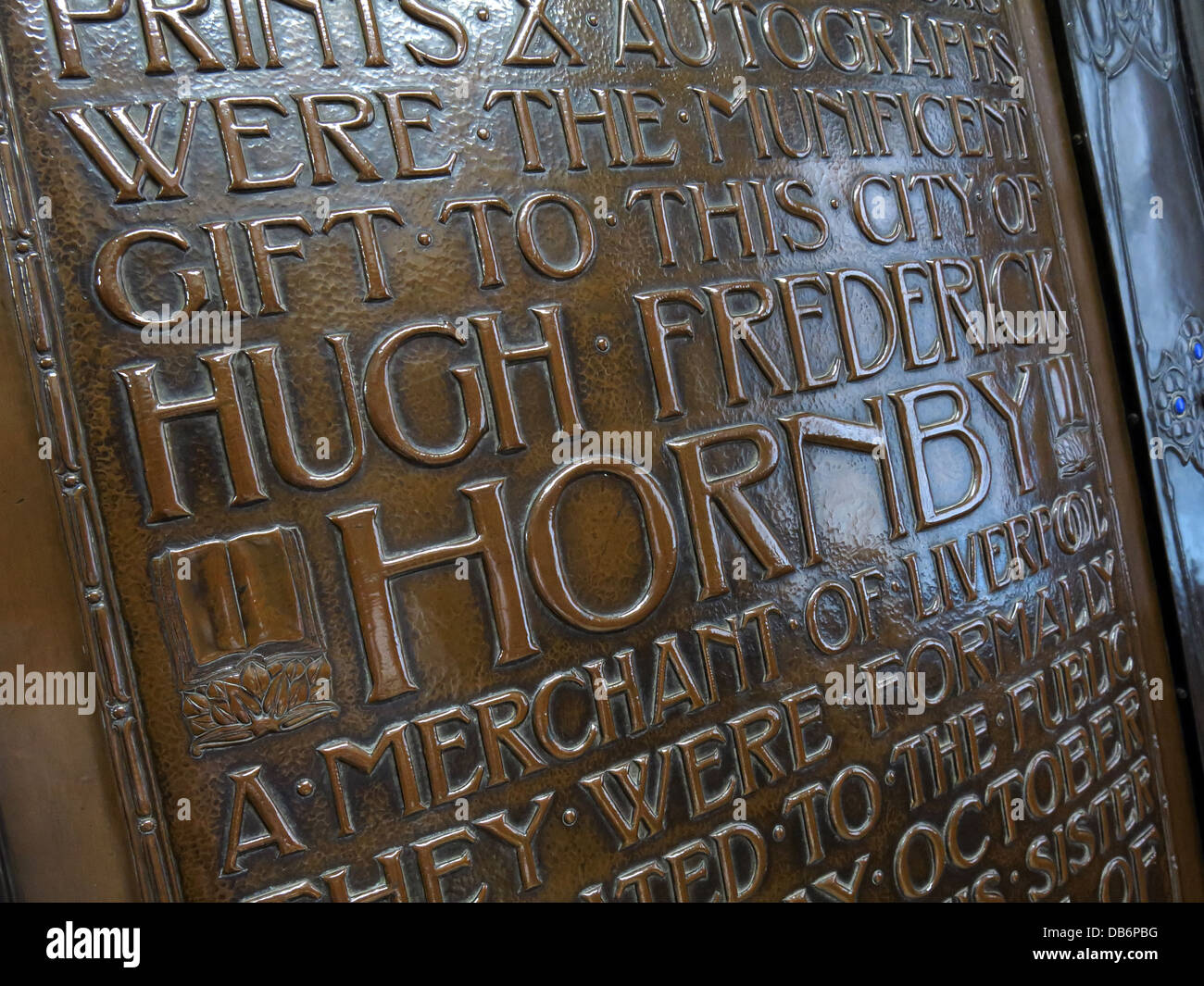 Liverpool Central Library - Brass plaque describing Hugh Frederick Hornby, gift to the city Stock Photo