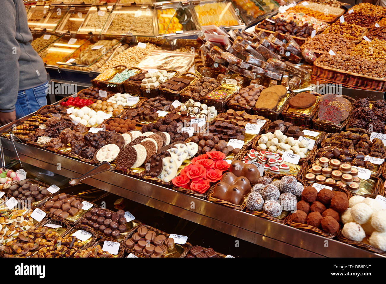 chocolates on display inside the la boqueria market in Barcelona