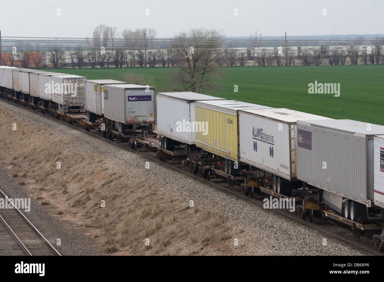 Piggy back truck trailers on BNSF intermodal freight train at