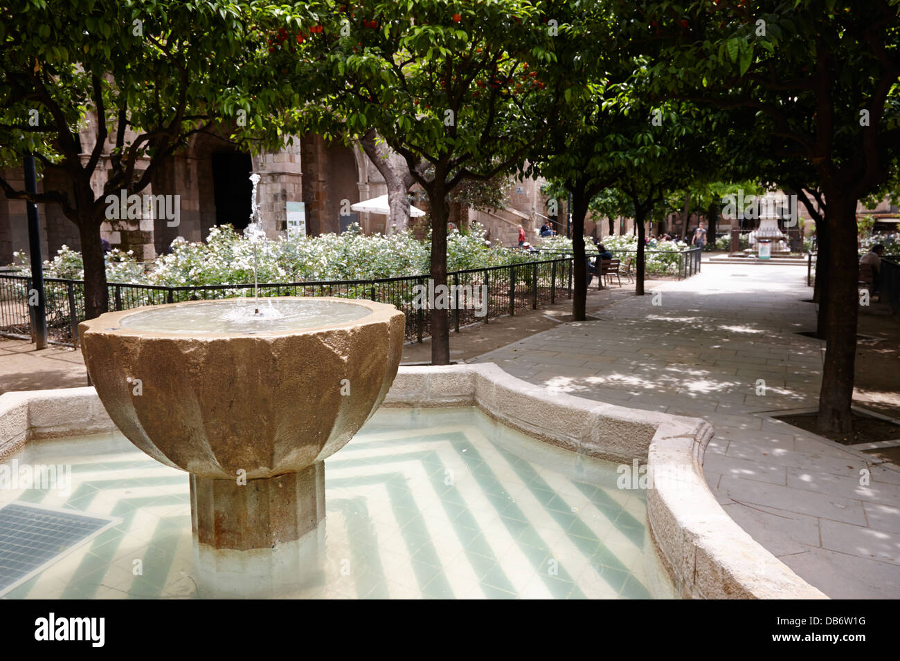 fountain in the courtyard of the National Library of Catalonia Barcelona Catalonia Spain Stock Photo